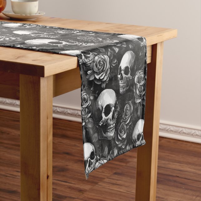 Skulls And Roses Black Halloween Short Table Runner (In Situ)