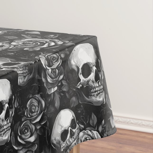 Skulls And Roses Black Halloween Tablecloth (In Situ)
