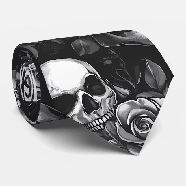 Skulls And Roses Black Halloween Tie (Rolled)