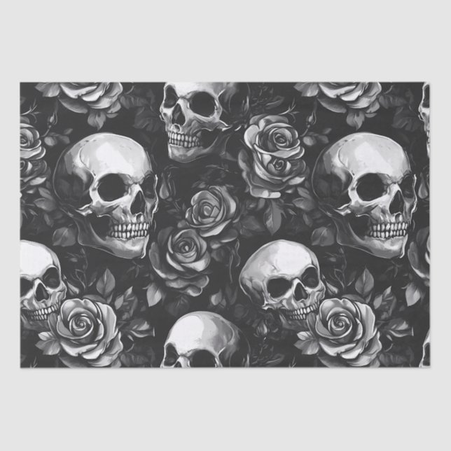 Skulls And Roses Black Halloween Tissue Paper (Front)