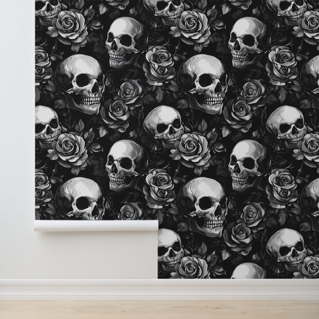 Skulls And Roses Black Halloween Wallpaper (Application)