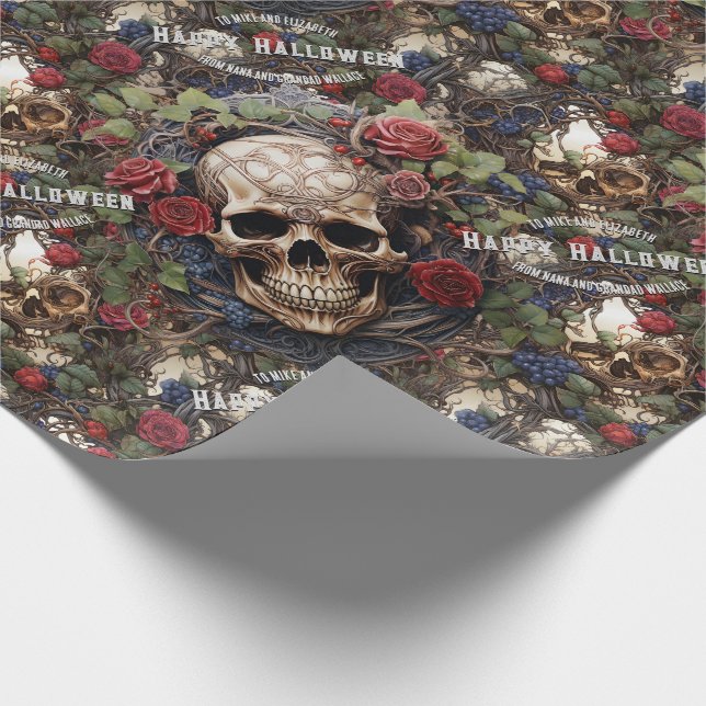 Skulls and Roses Blue Floral Gothic Halloween Wrapping Paper (Corner)