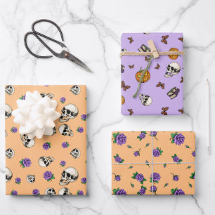 Skulls and Roses Pattern Halloween Wrapping Paper Sheet