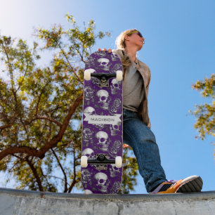Skulls And Roses Purple Gothic Name Skateboard
