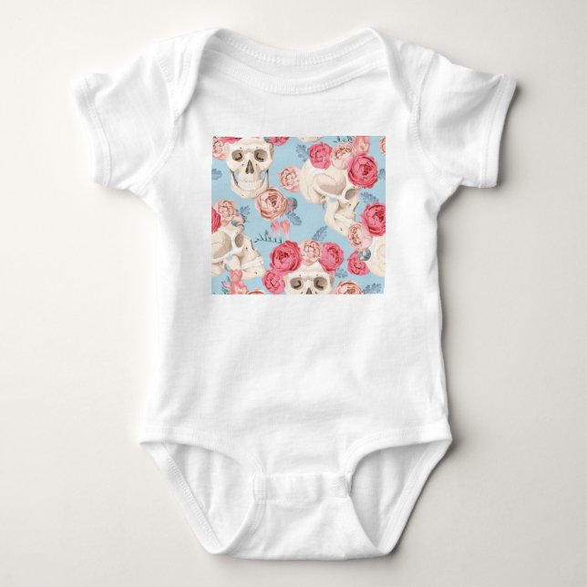 Skulls and Roses Vintage Pattern Baby Bodysuit (Front)