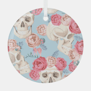 Skulls and Roses Vintage Pattern Glass Tree Decoration