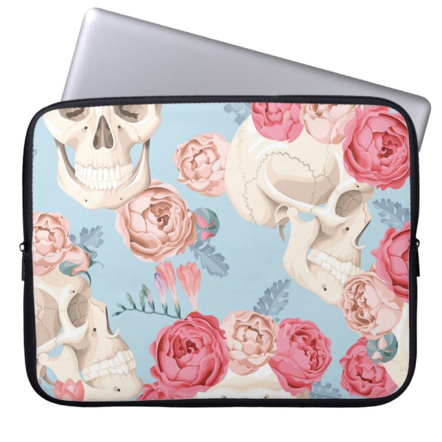 Skulls and Roses Vintage Pattern Laptop Sleeve (Front)