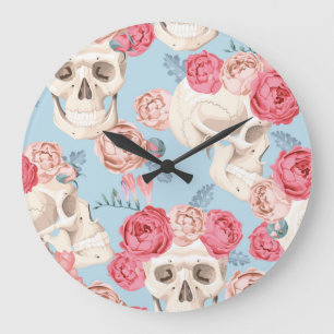 Skulls and Roses Vintage Pattern Large Clock