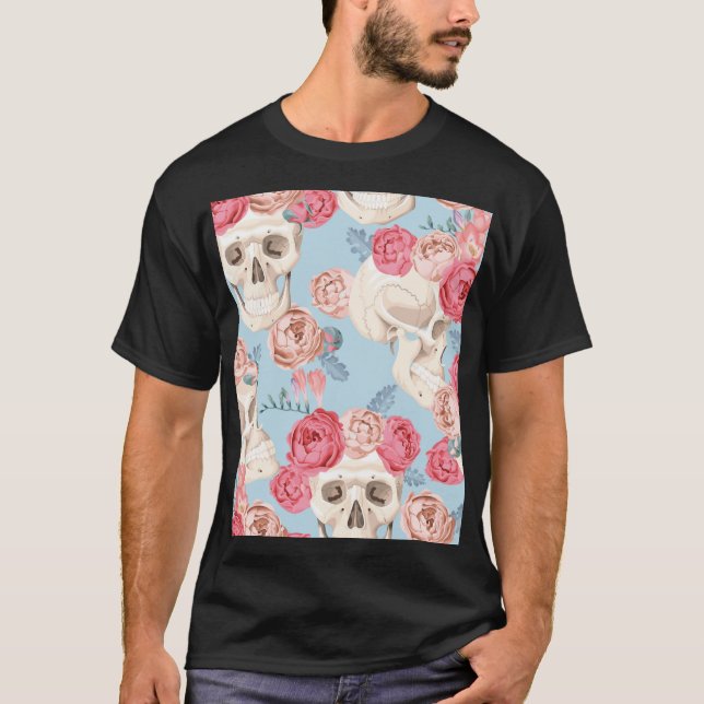 Skulls and Roses Vintage Pattern T-Shirt (Front)