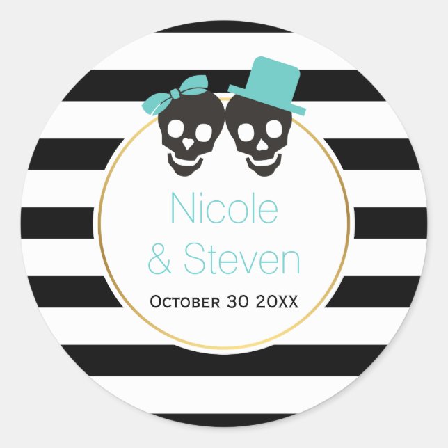 Skulls and stripes aqua blue Halloween wedding Classic Round Sticker (Front)