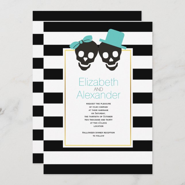 Skulls and stripes aqua Halloween wedding Invitation (Front/Back)