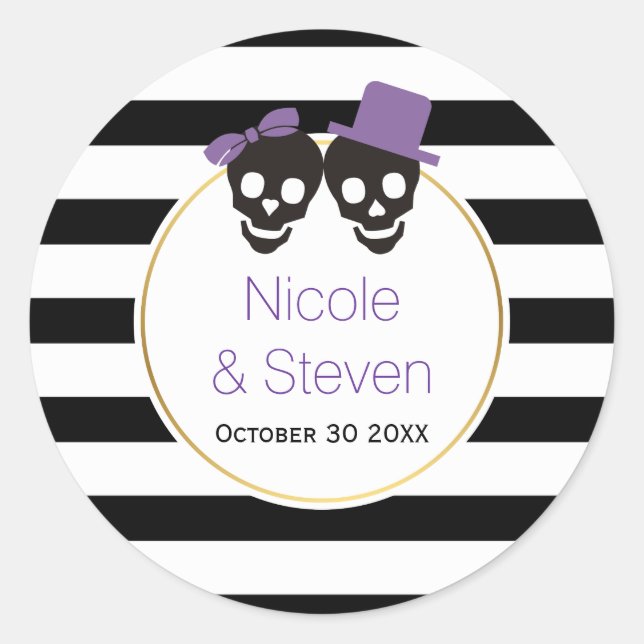 Skulls and stripes purple Halloween wedding Classic Round Sticker (Front)
