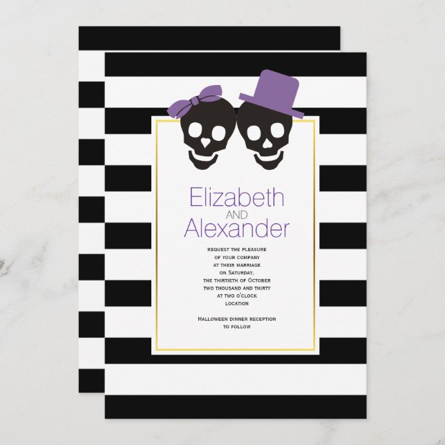 Skulls and stripes purple Halloween wedding Invitation (Front/Back)