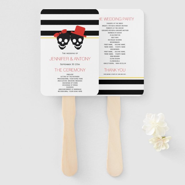 Skulls and stripes red wedding program hand fan (Front and Back)