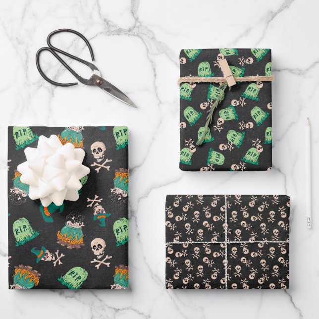 Skulls and Tombstone Halloween Wrapping Paper Sheet (Front)