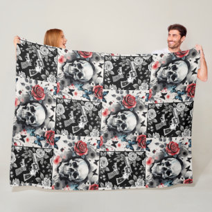 Skulls and Vintage Revolvers Floral Fleece Blanket
