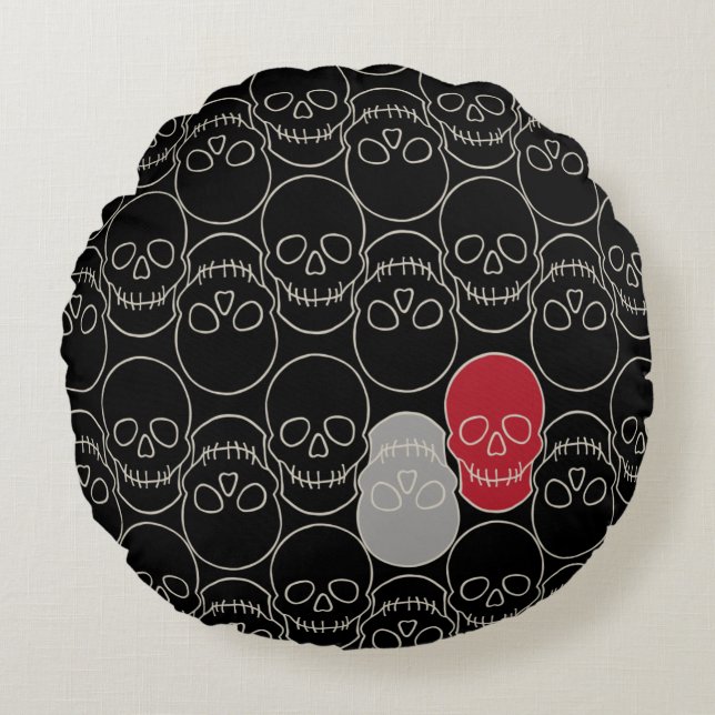 Skulls - Bat Black and Bone White Round Cushion (Front)
