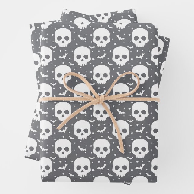 Skulls & Bats Wrapping Paper Flat Sheet Set of 3 (In situ)