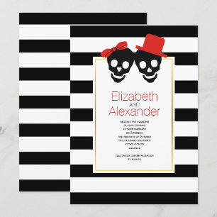 Skulls black, white stripes Halloween red wedding Invitation