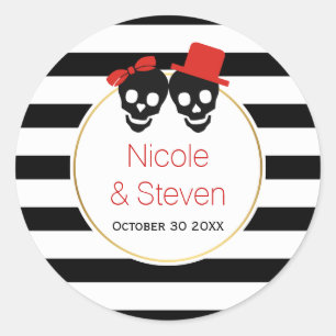 Skulls,  black white stripes red Halloween wedding Classic Round Sticker