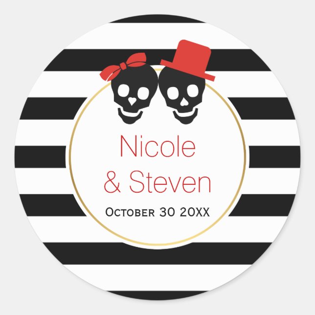 Skulls,  black white stripes red Halloween wedding Classic Round Sticker (Front)