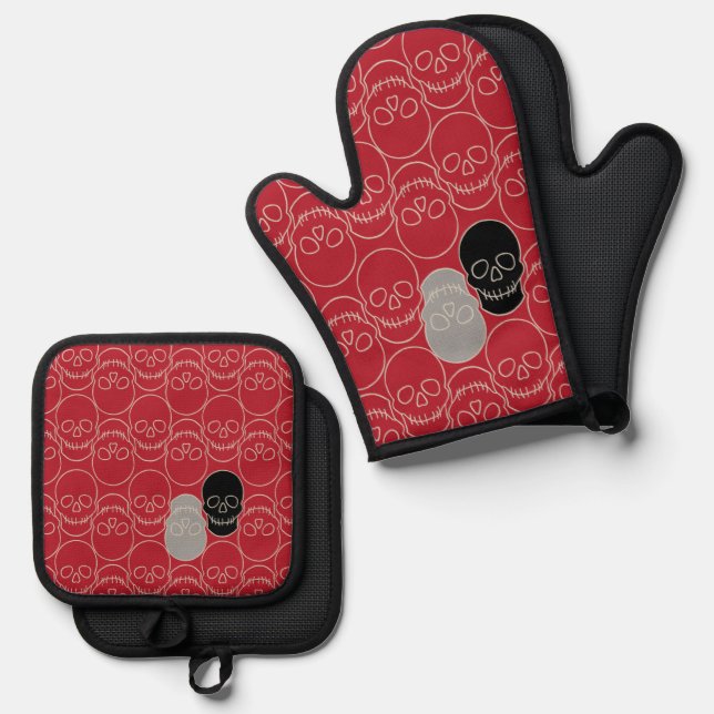 Skulls - Blood Red and Bone White  Oven Mitt & Pot Holder Set (Front/Back)