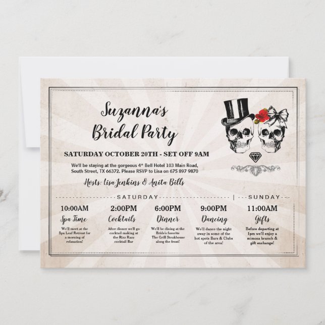 Skulls Bridal Shower Itinerary Bachelorette Roses Invitation (Front)