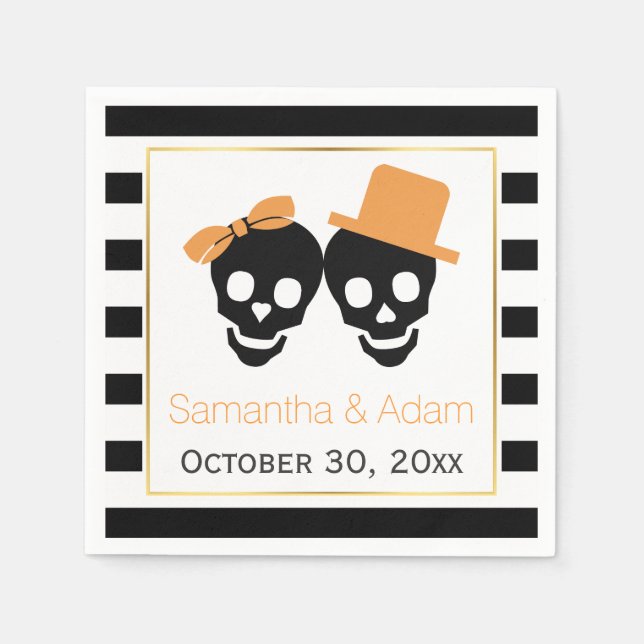 Skulls couple and stripes Halloween wedding Napkin (Front)