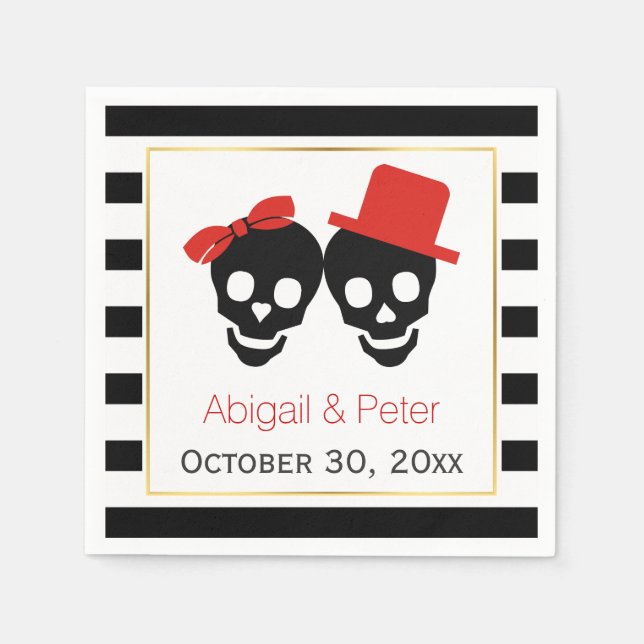 Skulls couple and stripes red Halloween wedding Napkin (Front)