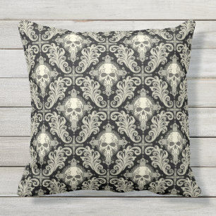 Skulls & Crosses Black and Cream Damask Pattern Cushion