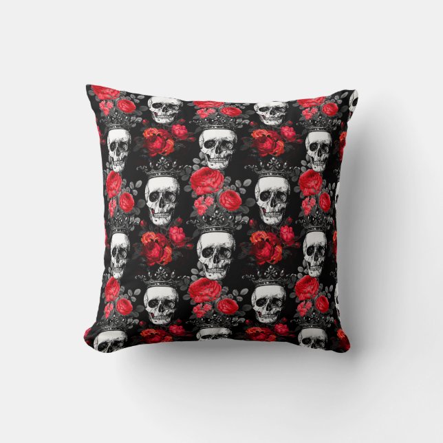 Skulls crowns and faded red roses on a dark black cushion (Front)
