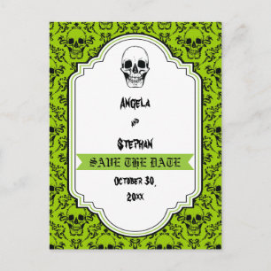 Skulls damask green black Halloween Save the Date Announcement Postcard