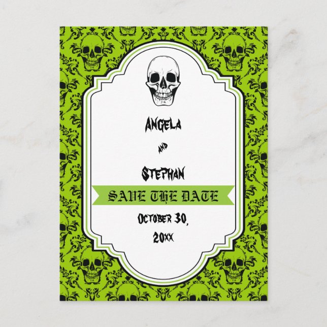 Skulls damask green black Halloween Save the Date Announcement Postcard (Front)