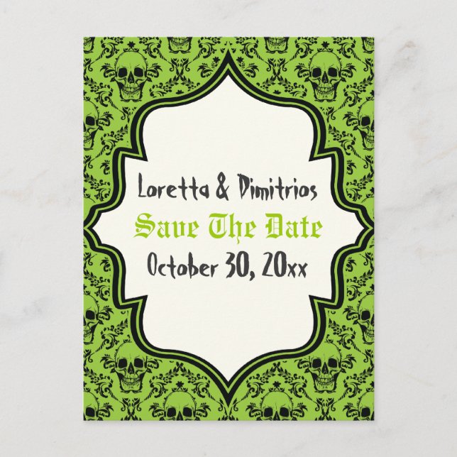 Skulls damask green, black Halloween Save the Date Announcement Postcard (Front)