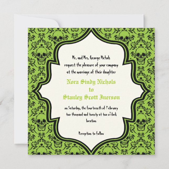 Skulls damask green, black Halloween wedding Invitation (Front)