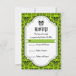 Skulls damask green, black Halloween wedding RSVP Card