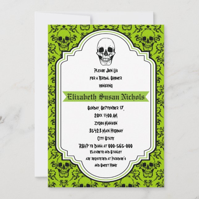 Skulls damask green, black wedding bridal shower invitation (Front)