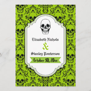 Skulls damask green, black wedding program programme