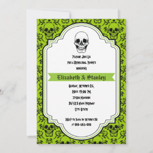 Skulls damask green wedding rehearsal dinner invitation