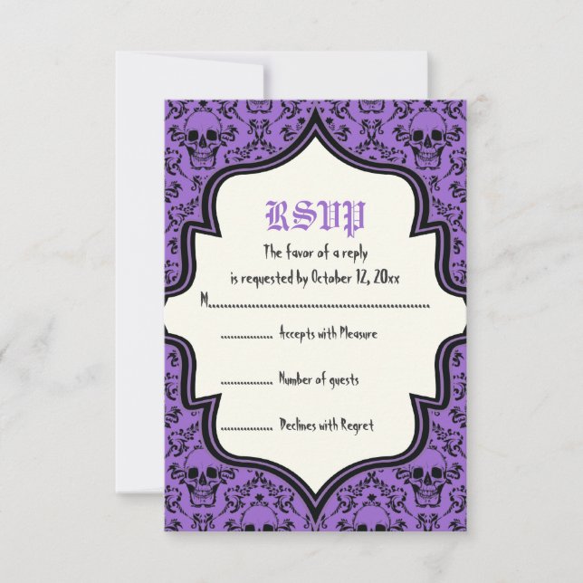 Skulls damask Halloween wedding RSVP card (Front)