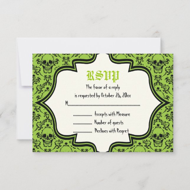 Skulls damask Halloween wedding RSVP card (Front)