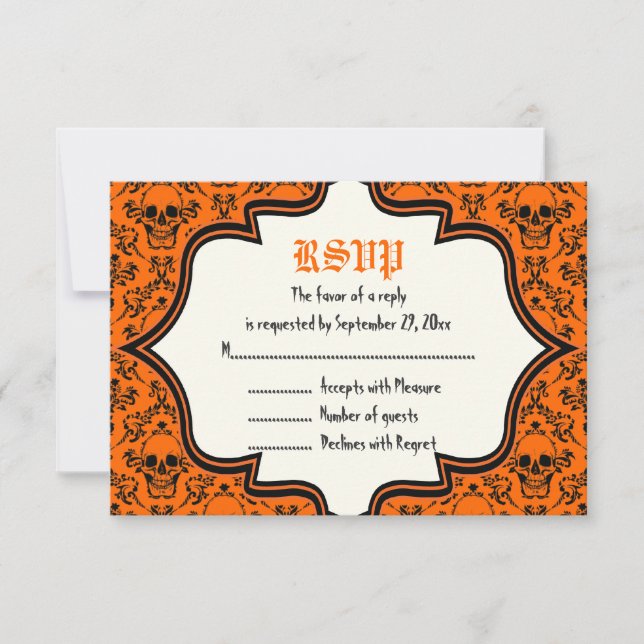 Skulls damask Halloween wedding RSVP card (Front)