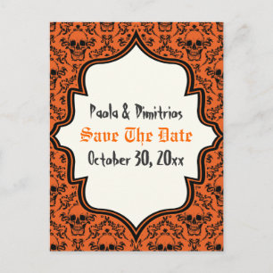 Skulls damask orange black Halloween Save the Date Announcement Postcard