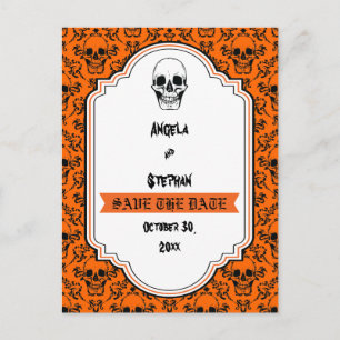 Skulls damask orange black Halloween Save the Date Announcement Postcard