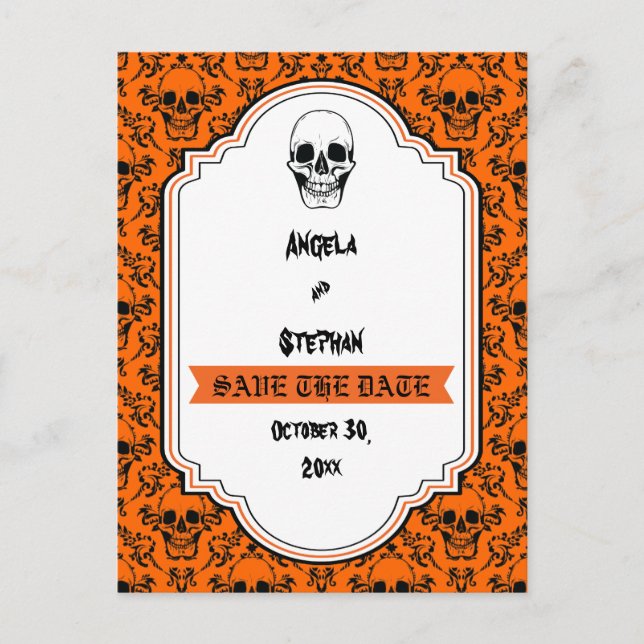 Skulls damask orange black Halloween Save the Date Announcement Postcard (Front)