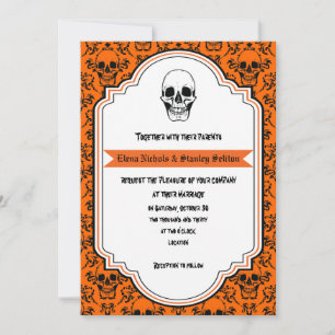 Skulls damask orange, black Halloween wedding Invitation