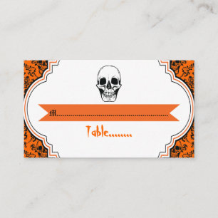 Skulls damask orange, black wedding place card