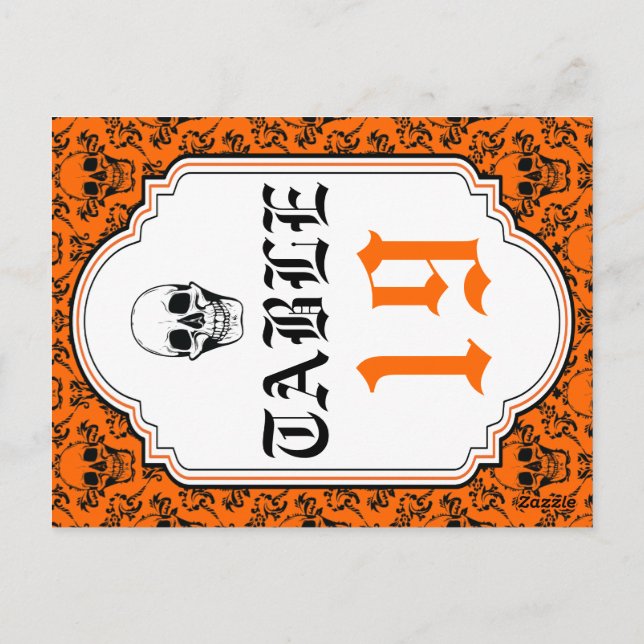 Skulls damask orange, black wedding table number postcard (Back)