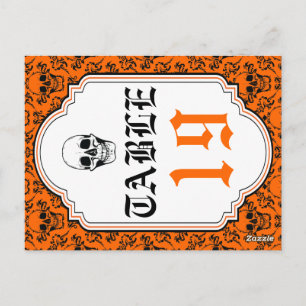 Skulls damask orange, black wedding table number postcard