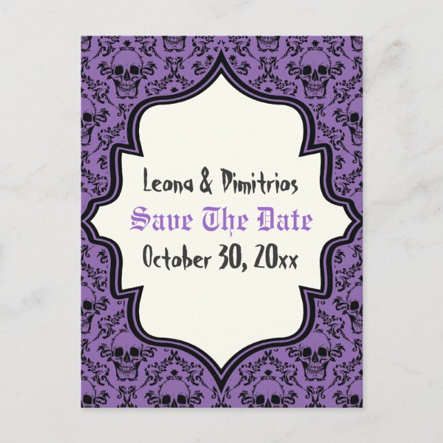 Skulls damask purple black Halloween Save the Date Announcement Postcard (Front)
